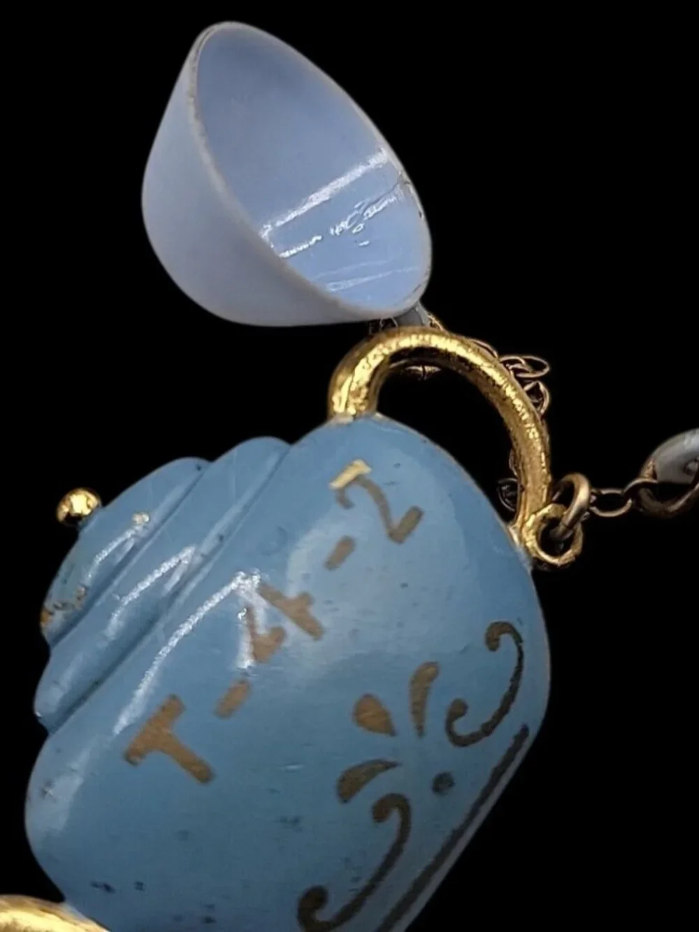 Antique T-4-2 Celluloid Brooch Teapot w/Dangling Teacups Blue Gold Tone C-Clasp